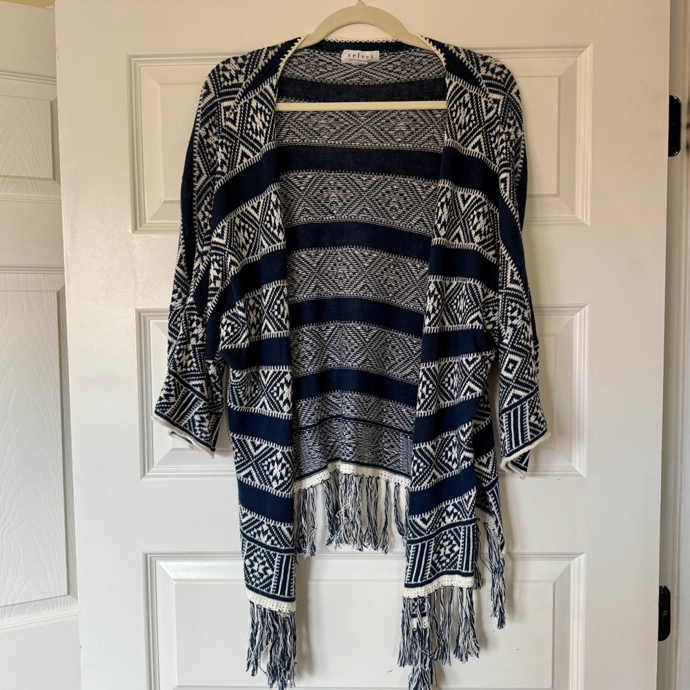 Velvet brand Blue and White Open Sweater with Fringe